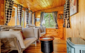 Interior acogedor de una cabaña con un conjunto de sofás, un estufa de leña y cortinas a cuadros.
