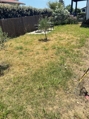 A grassy yard with a small tree, a wooden fence, and a chair. - House located 15 minutes from the main beach in Hendaye, in a lush, peaceful setting. (Hendaye)
