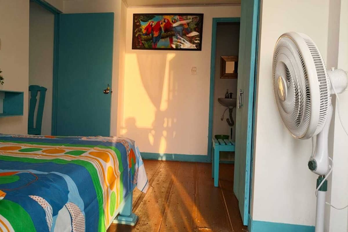 A bedroom with a bed, a fan, a door, and a painting on the wall.