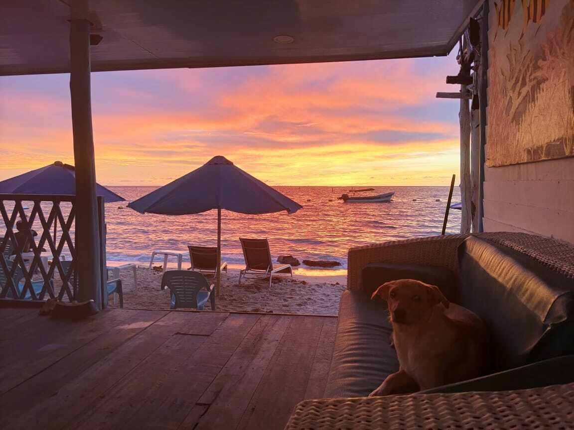 Une terrasse en bois avec un canapé et des fauteuils, donnant sur une plage parsemée de parasols et où se trouve un bateau.