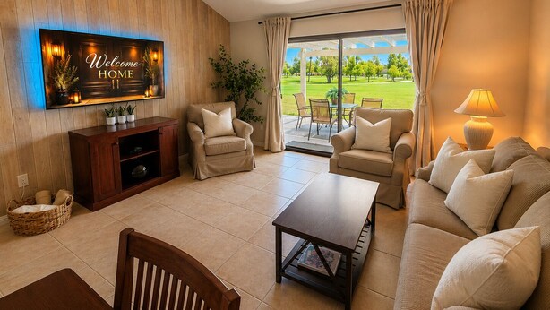 Un salon équipé d’un téléviseur, de canapés, d’une table basse et offrant une vue sur un terrain de golf.