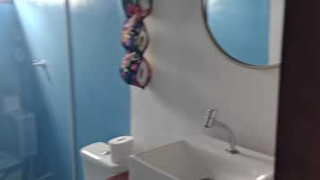 Regadera, toallas, jabón, papel de baño