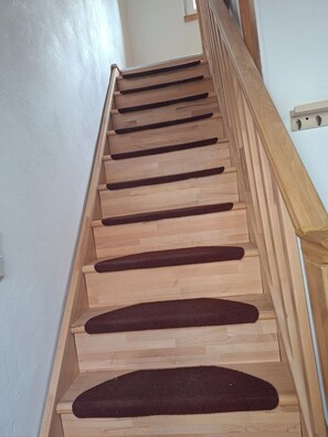 Een houten trap met een leuning en beklede treden.