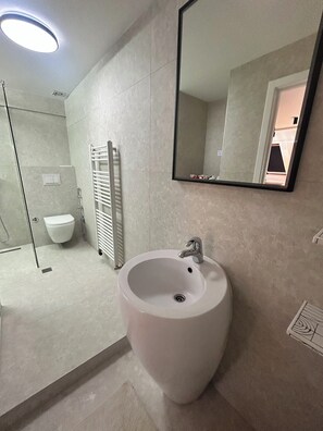 A bathroom with a sink, mirror, and toilet. - Spacious attic duplex in a heritage building in central Sarajevo (Sarajevo)