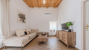 Ein modernes Wohnzimmer mit Holzboden, einer Couch, einem Couchtisch, einem Fernseher auf einer Holzkommode und einer Pflanze.