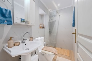 Ein Badezimmer mit Waschbecken, Spiegel, Handtuchhalter, Dusche und Toilette.