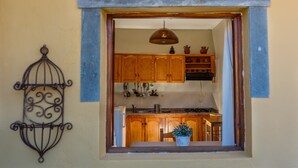 Una cocina con armarios de madera, una lámpara colgante y una planta en maceta.