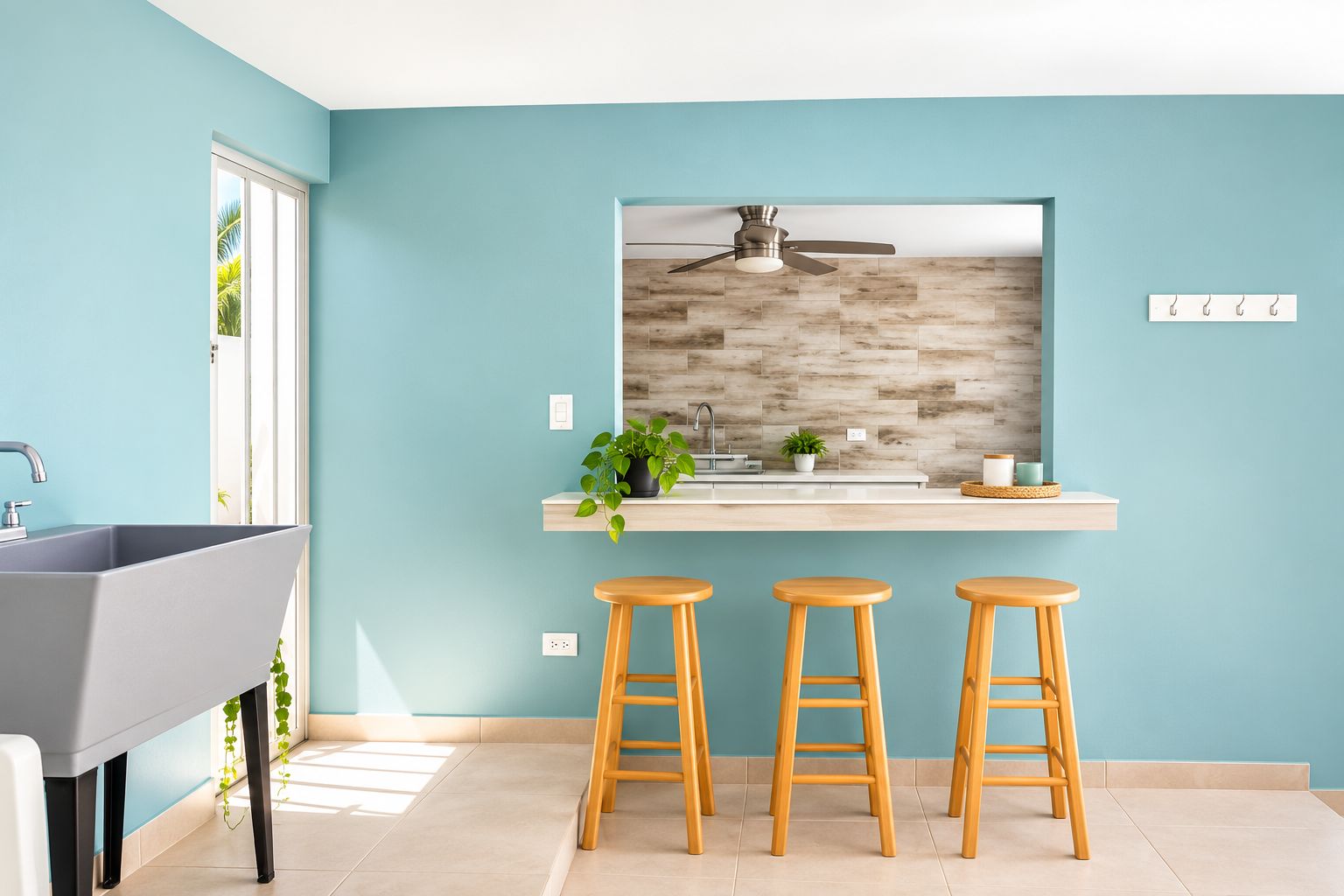 A modern kitchen with a built-in island, bar stools, a ceiling fan, and a window with a view.