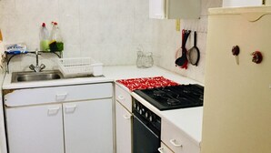 Una cocina compacta con lavaplatos, estufa, horno y refrigerador.