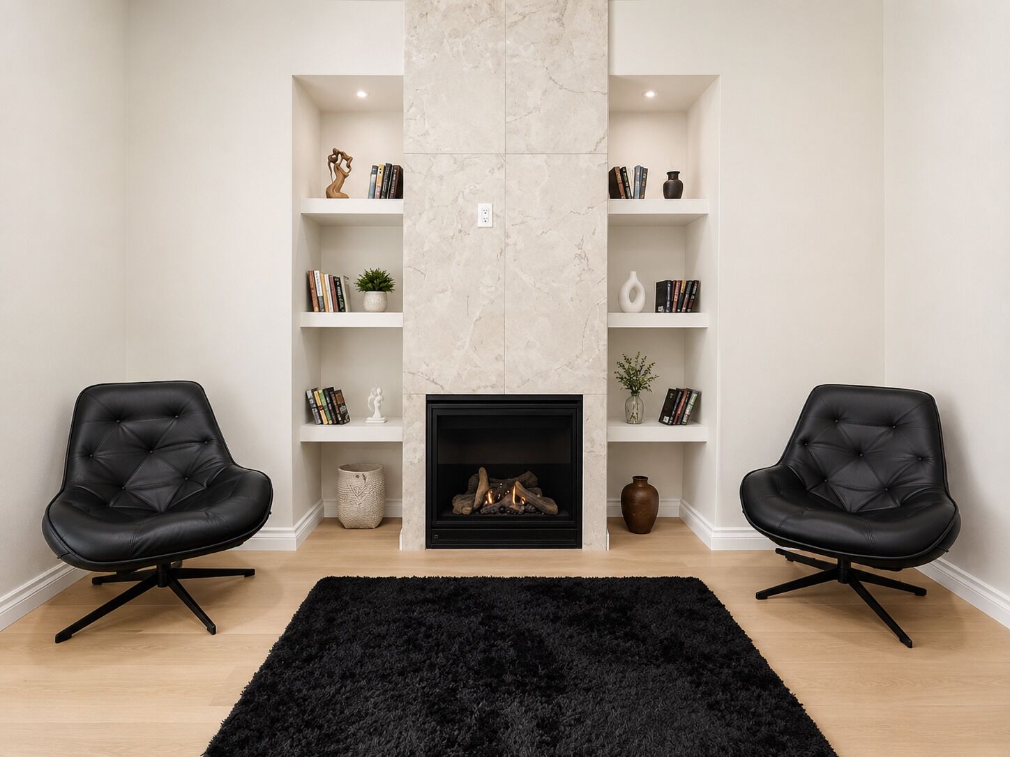 Una sala de estar moderna con chimenea, dos sillones de cuero negro, un tapete negro y estanterías blancas con libros y objetos decorativos.