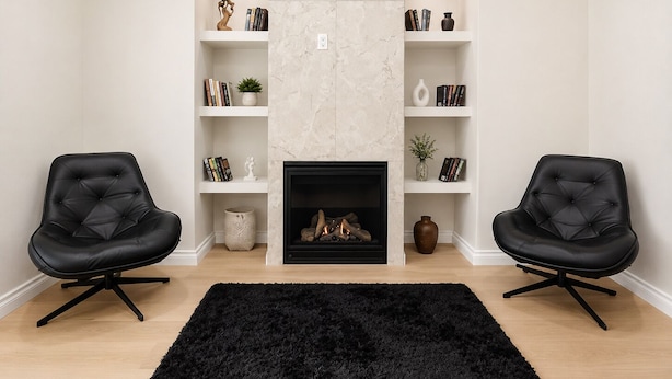 Una sala de estar moderna con chimenea, dos sillones de cuero negro, un tapete negro y estanterías blancas con libros y objetos decorativos.