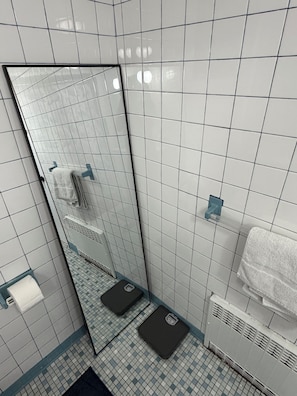 Secador de cabelo, toalhas de banho, sabonete, papel higiênico