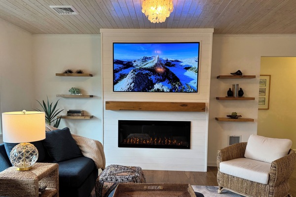 Smart TV, fireplace, books