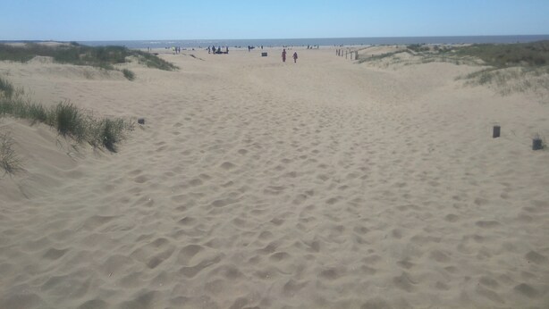 Een zandstrand met duinen en een heldere lucht.