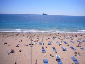 A beach with rows of sun loungers and umbrellas, a clear sky, and a distant island. - Miramar Playa 6-2 in Benidorm (Benidorm)