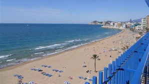 A beach with umbrellas and sun loungers, a clear sky, and buildings in the background. - Palmeras 9D in Benidorm (Benidorm)