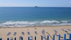 A beach with rows of blue beach chairs and umbrellas, a sandy shore, and a distant island. - Palmeras 9D in Benidorm (Benidorm)