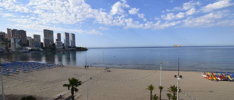 A beach with a cityscape in the background, palm trees, and a clear sky.