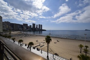 Ein Strand mit Stadtansicht im Hintergrund, Palmen und blauem Himmel.
