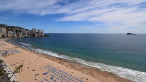 Una spiaggia con una fila di sedie e ombrelloni blu, una battigia sabbiosa e uno skyline sullo sfondo.