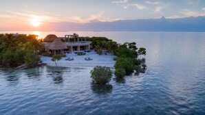 Un resort tropical con un edificio de techo de paja, palmeras y una playa.