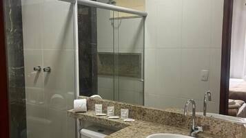 Shower, free toiletries, towels, soap