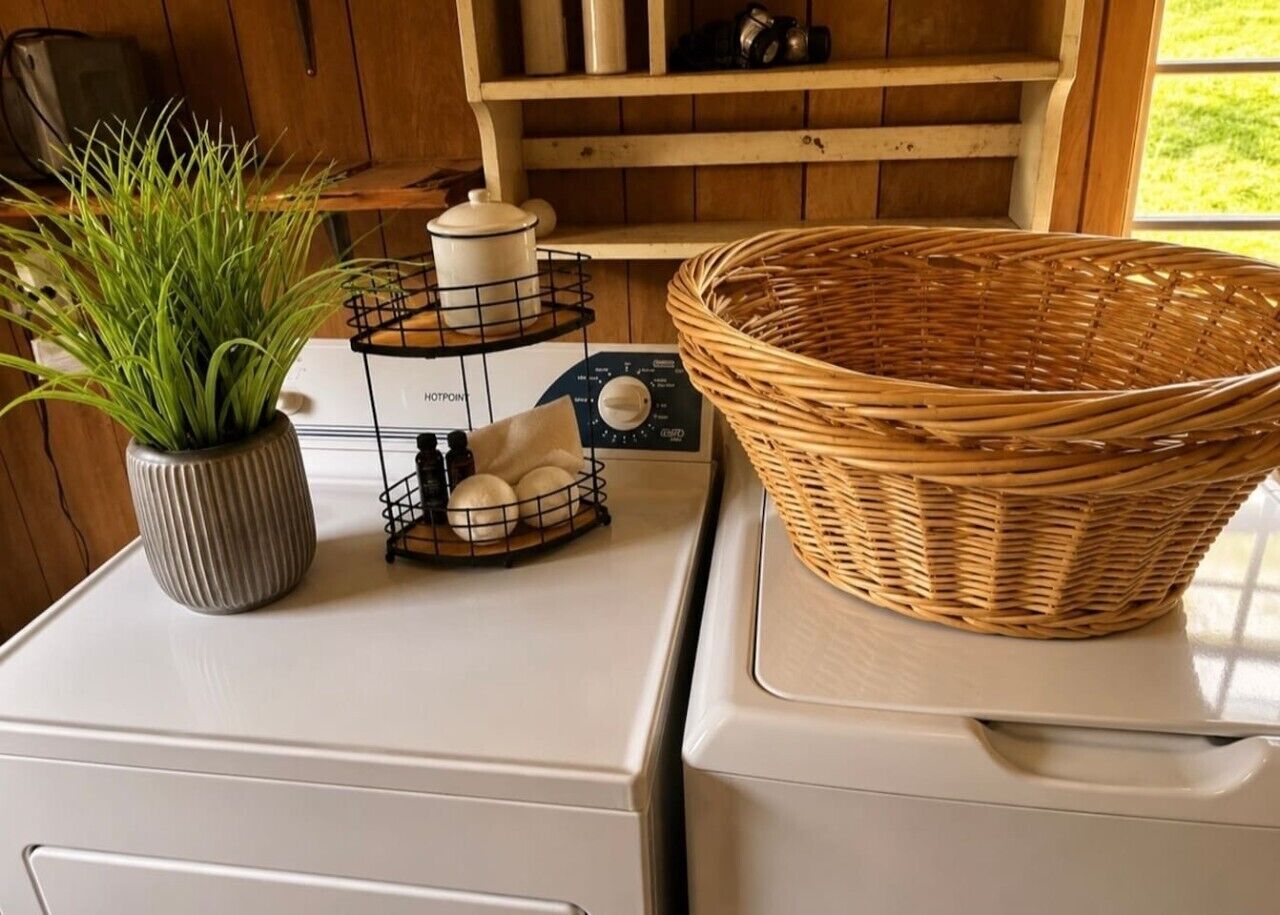 A washing machine with a basket and a plant on top.