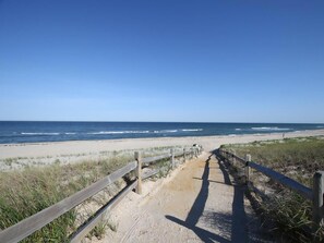 A beach path leading to the ocean with a clear sky. - Surf City Oceanfront Property (Surf City)