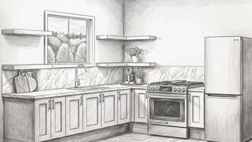 Coffee/tea maker, fridge, microwave, oven