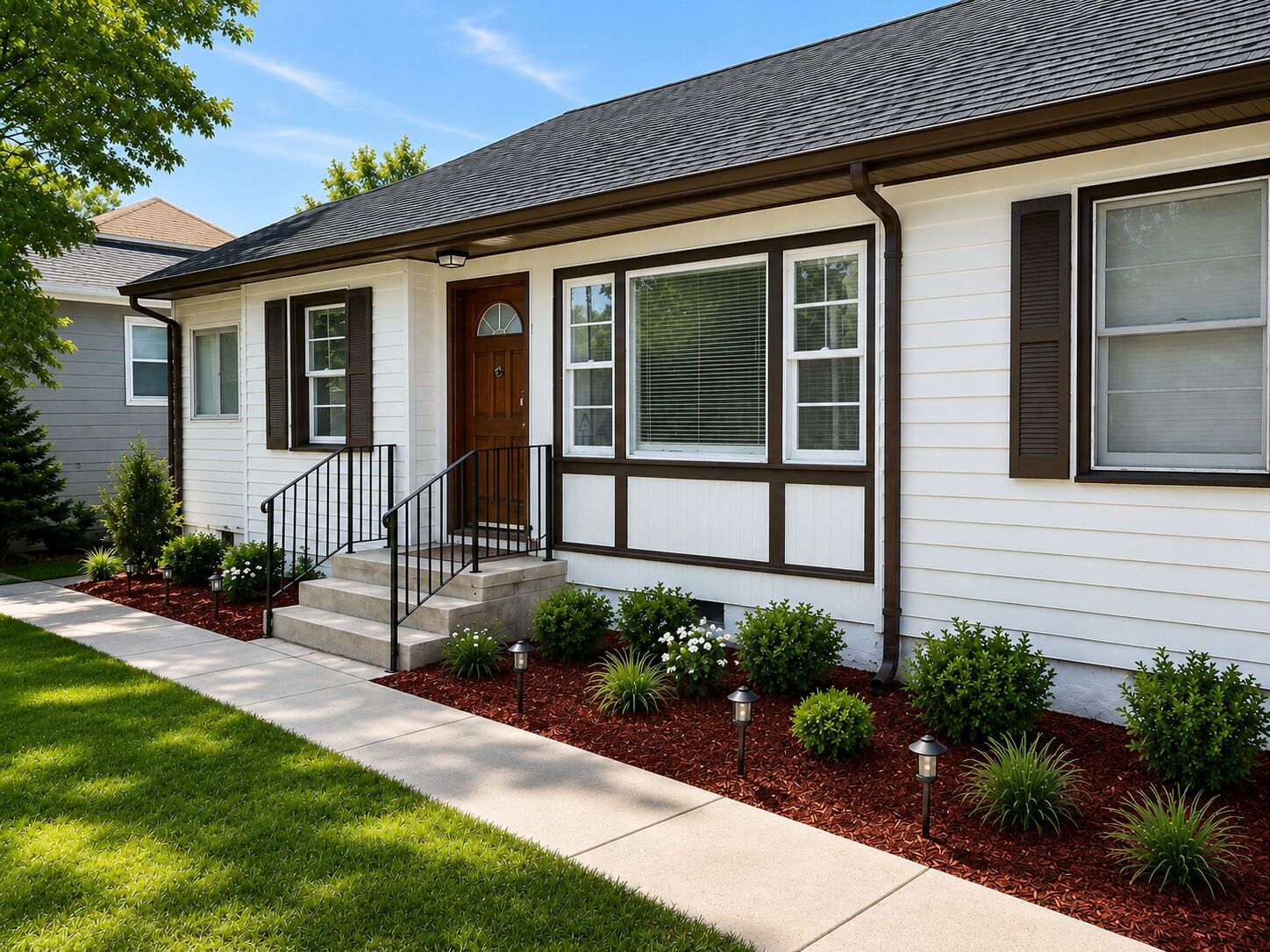 A single-story house with a front porch, a wooden door, and a small front yard with shrubs and a pathway.
