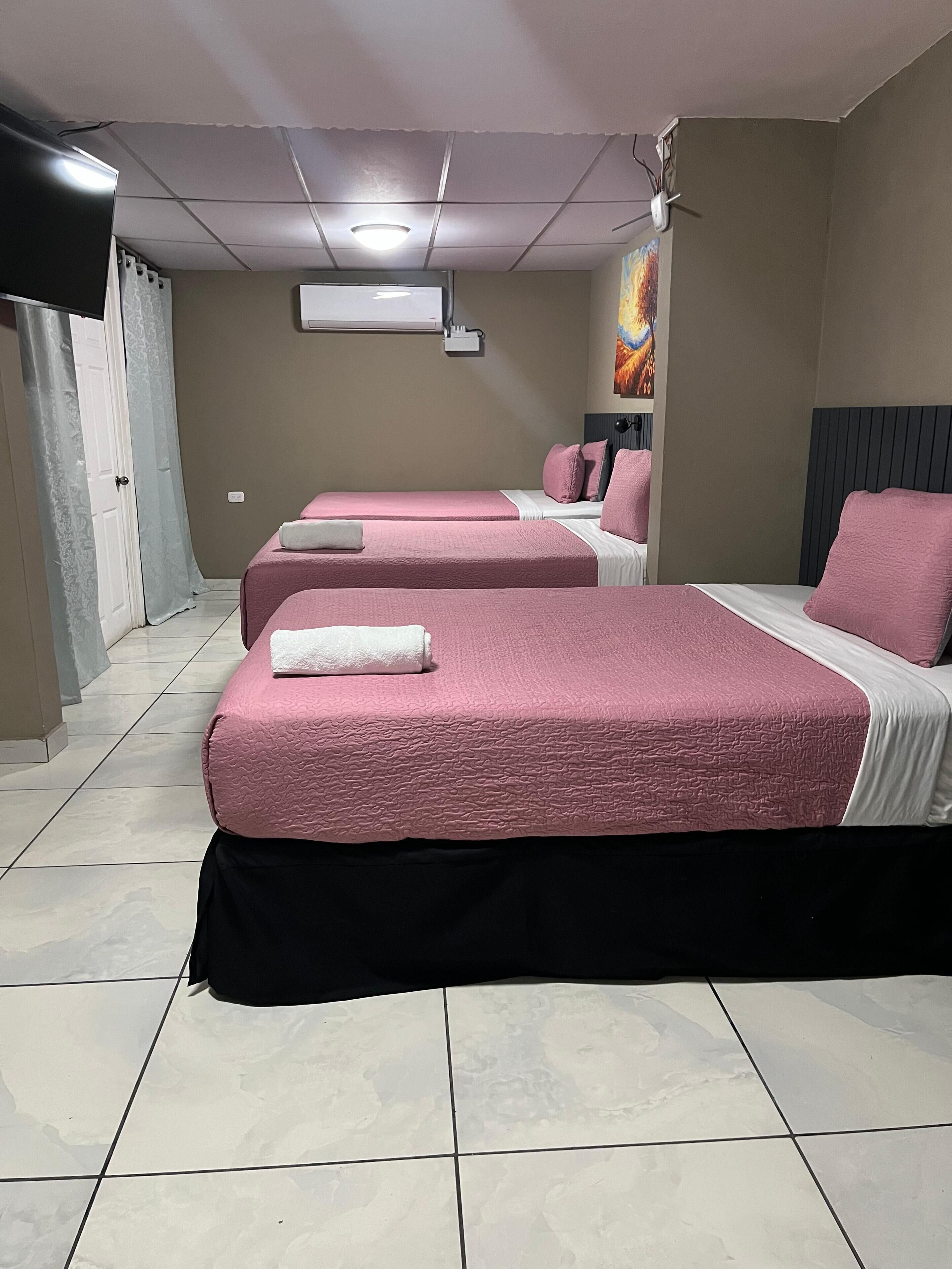 Habitación de hotel con dos camas, un televisor de pantalla plana, un ventilador de techo y un cuadro en la pared.