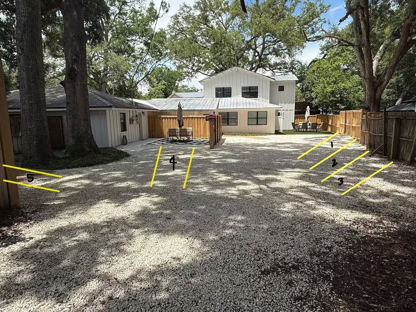 A gravel yard with numbered parking spaces, a wooden fence, and a building with a metal roof.