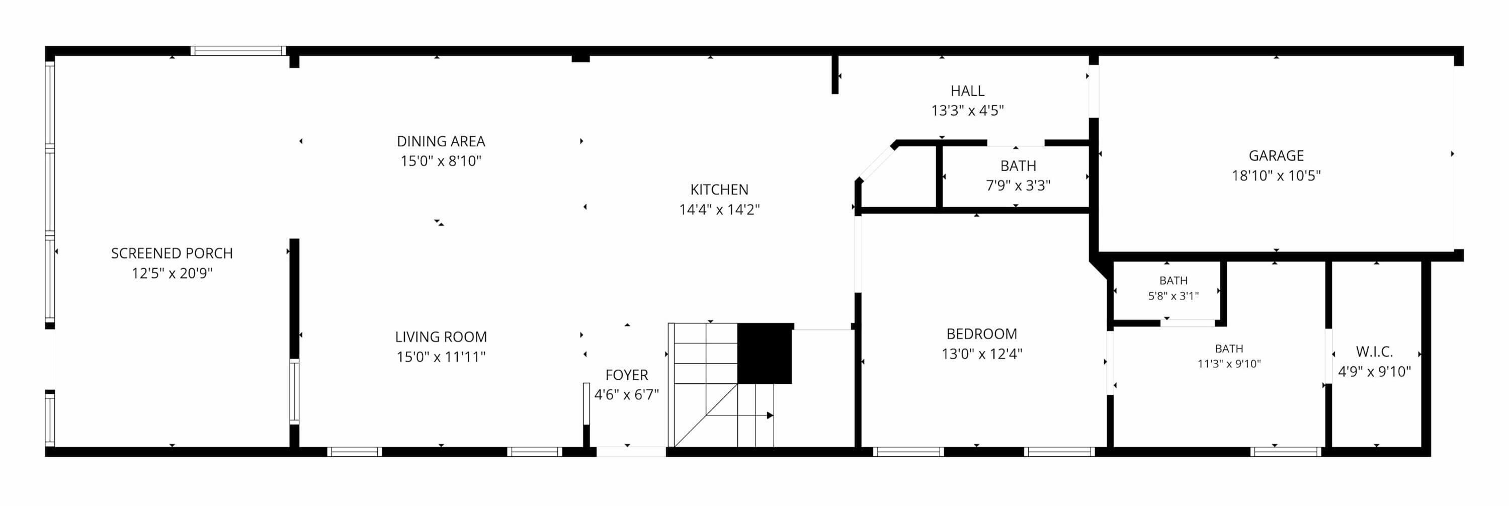 A floor plan with a screened porch, dining area, kitchen, living room, foyer, hallway, bedroom, bathroom, and garage.