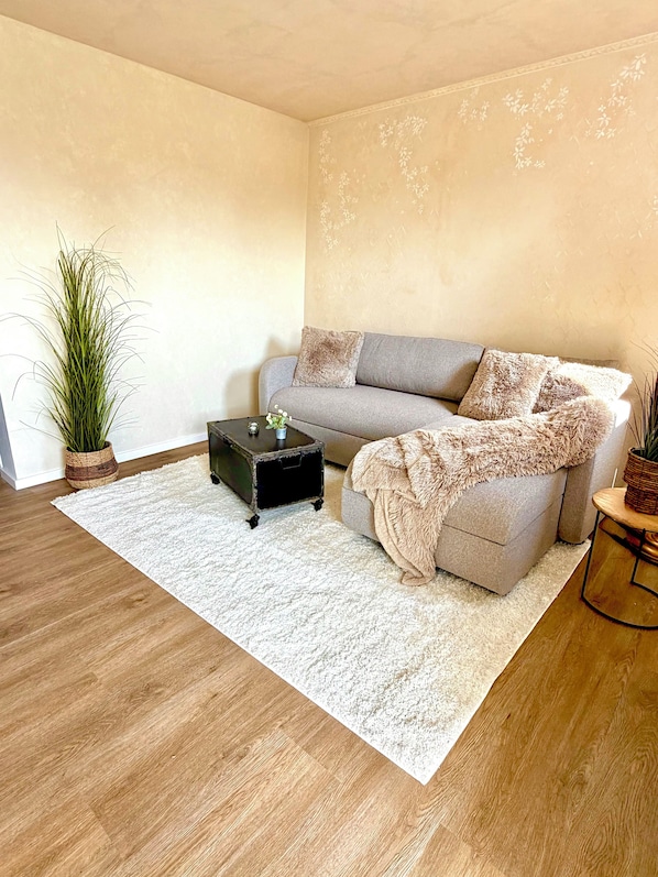 A living room with a grey sofa, a white rug, a small black table, and a tall plant.