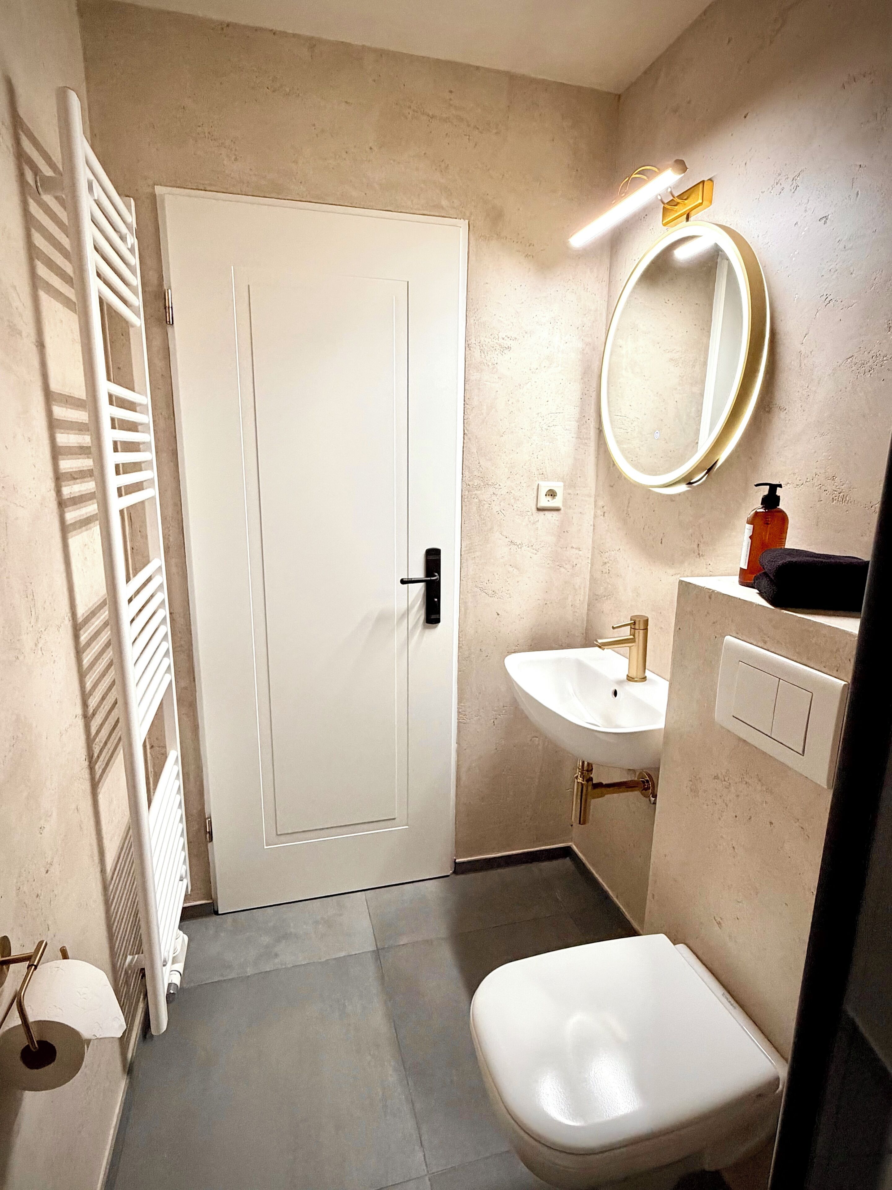 Hair dryer, towels, soap, toilet paper