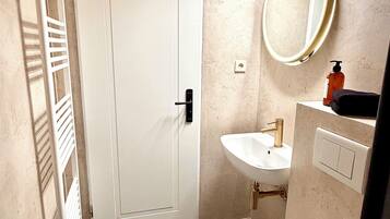 Hair dryer, towels, soap, toilet paper