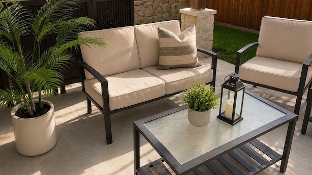 Eine Terrasse im Freien mit einer Couch, Stühlen, einem Tisch und Topfpflanzen.