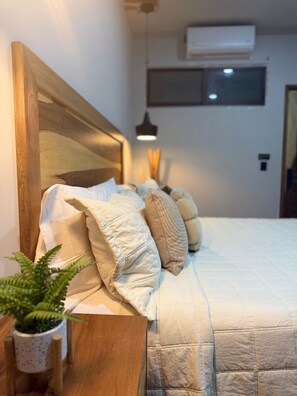 A neatly made bed with a wooden headboard, a potted plant, and a wall-mounted air conditioner. - Oaxaca City (Oaxaca de Juárez)