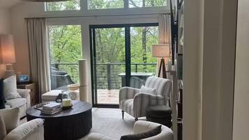Smart TV, fireplace, books