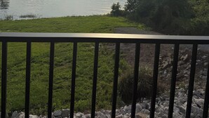 En sø med en anløbsbro, omgivet af grøn vegetation og træer, set fra en balkon med gelænder.