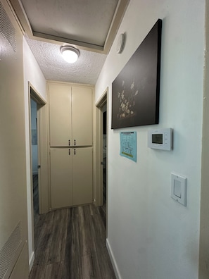 Ein Flur mit einer Doppeltür, einem Thermostat, einem an der Wand befestigten Lichtschalter und einem gerahmten Bild.