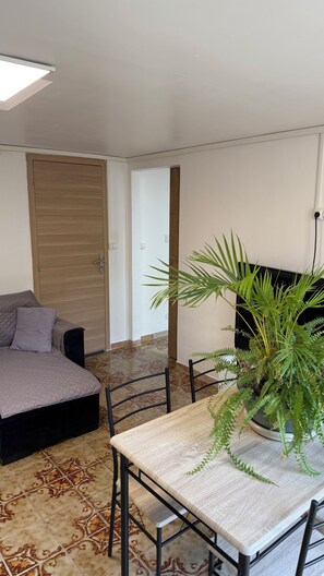 Une pièce comprenant un lit, une table à manger avec des chaises, une plante en pot et une porte.