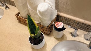 Secadora de cabello, bidet, toallas, jabón 