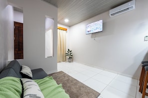 Ein Wohnzimmer mit einer Couch, einem Fernseher, einer Klimaanlage und einer Topfpflanze.