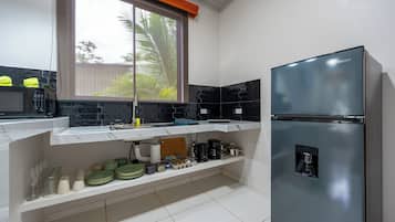 Fridge, microwave, stovetop, coffee/tea maker