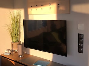 A flat-screen TV mounted on a wall, a potted plant, a desk with a laptop, and a wall-mounted control panel.