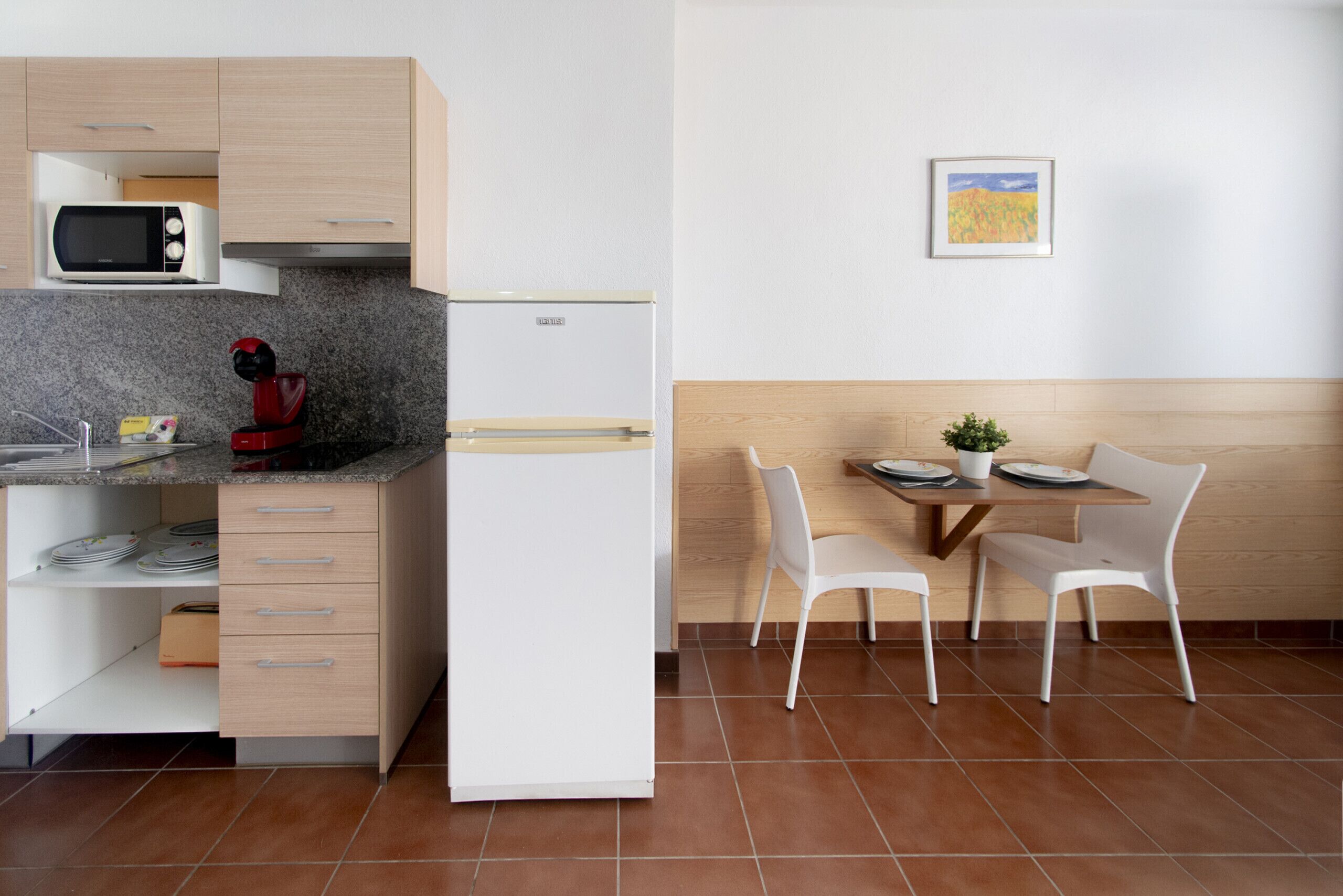 Fridge, microwave, coffee/tea maker, toaster