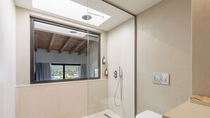 A modern bathroom with a skylight, a glass shower enclosure, a toilet, and a built-in sink. - KHAI SYVOTA (Igoumenitsa)