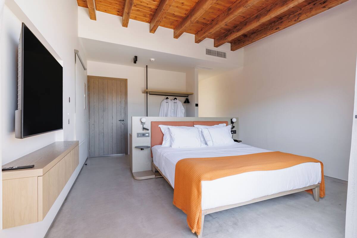 A bedroom with a bed, a TV, a wardrobe, and a door.