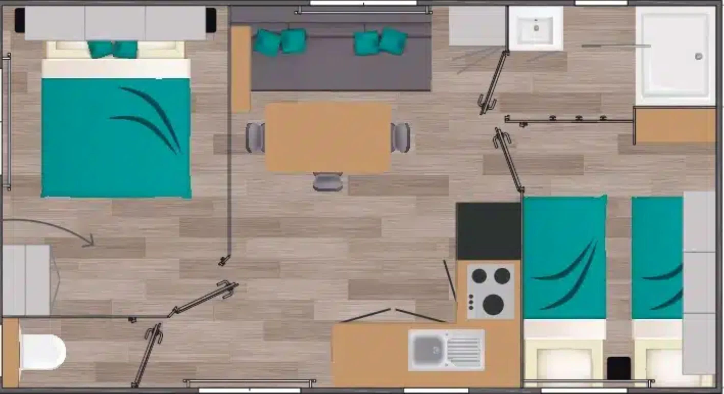 A hotel room layout with a bed, a desk, a chair, a small table, a sofa, and a bathroom.